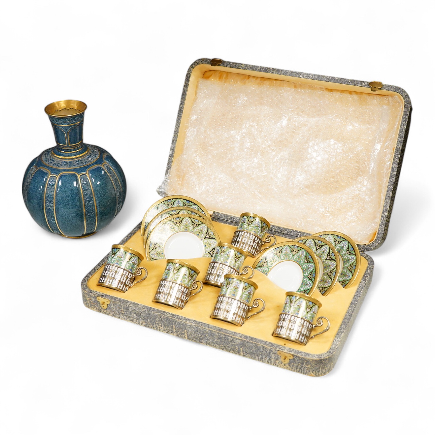A Wedgwood silver mounted coffee set and a Royal Worcester powder blue vase - 24cm high.
